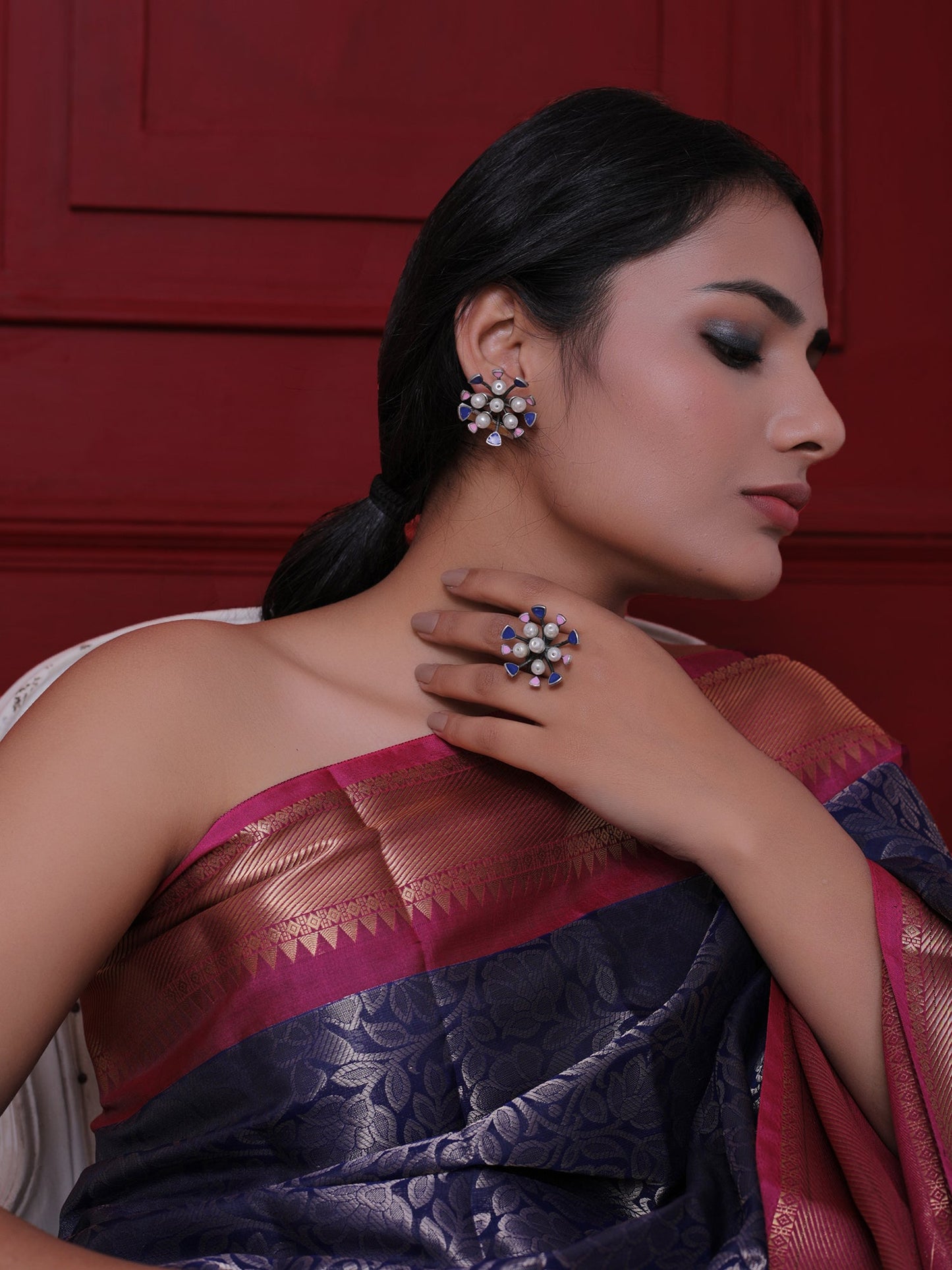 The Floral Poppy Ring and Earring Set in Blue & Pink