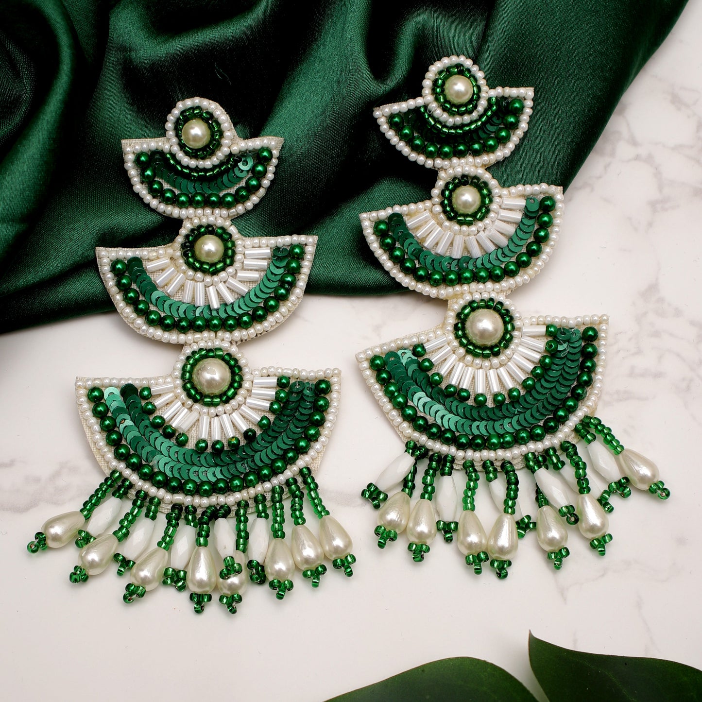 The White & Green Beaded Trinkara Earrings