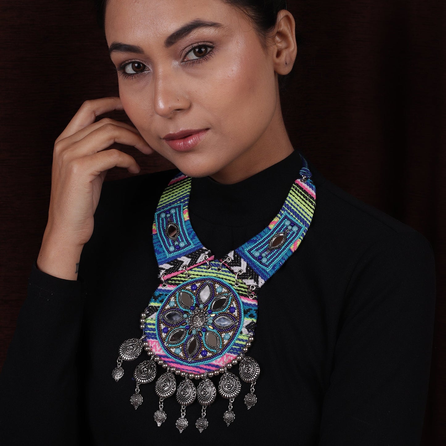 Blue & Green Mirror Ethnic Beaded Necklace