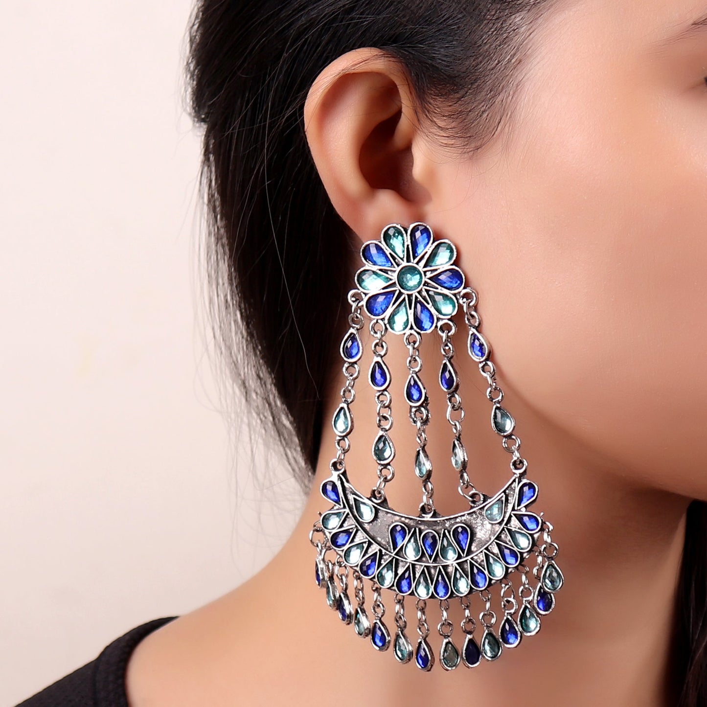 Earrings,Crescent Rhinestone Afghani Earrings in Sea Blue & Sea Green - Cippele Multi Store
