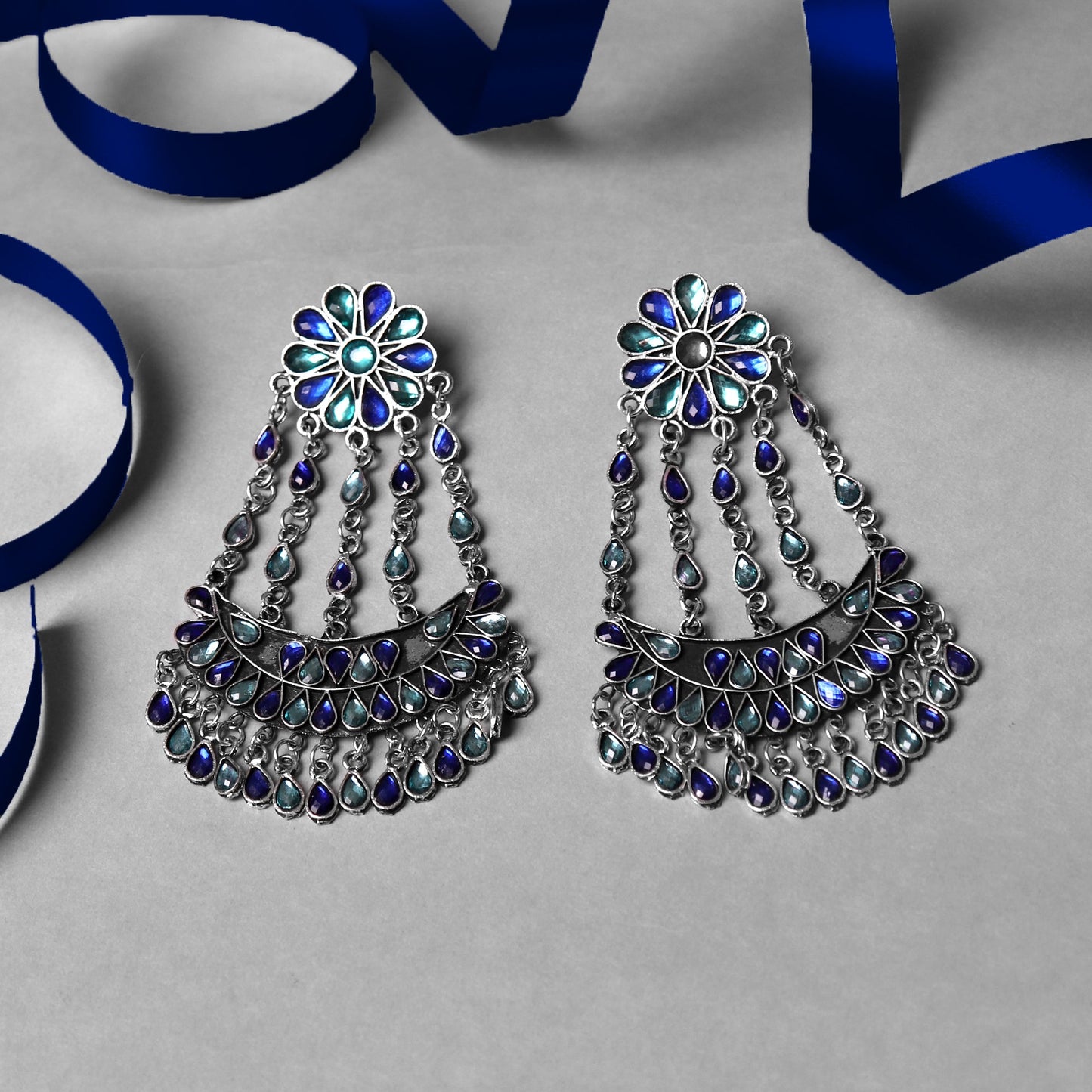Earrings,Crescent Rhinestone Afghani Earrings in Sea Blue & Sea Green - Cippele Multi Store