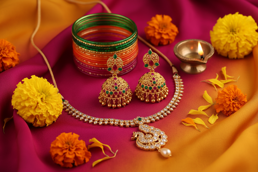 Navratri jewelry including gold jhumka earrings, colorful bangles, a necklace, and a diya on festive magenta and saffron fabric