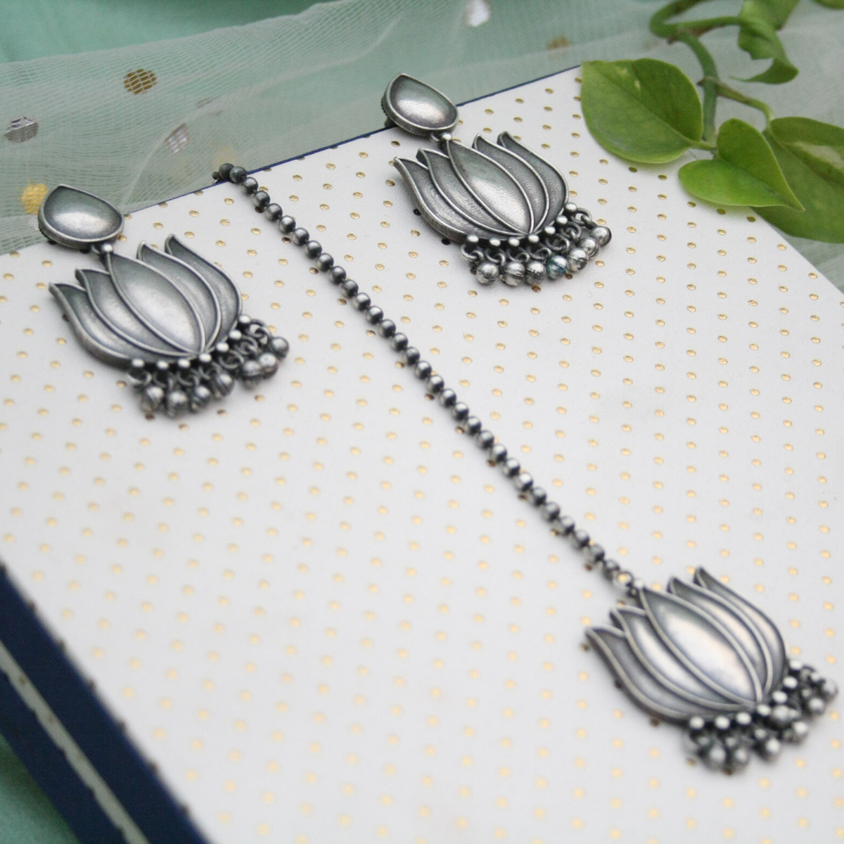 The Silver Lotus Maang Tika and Earring Set