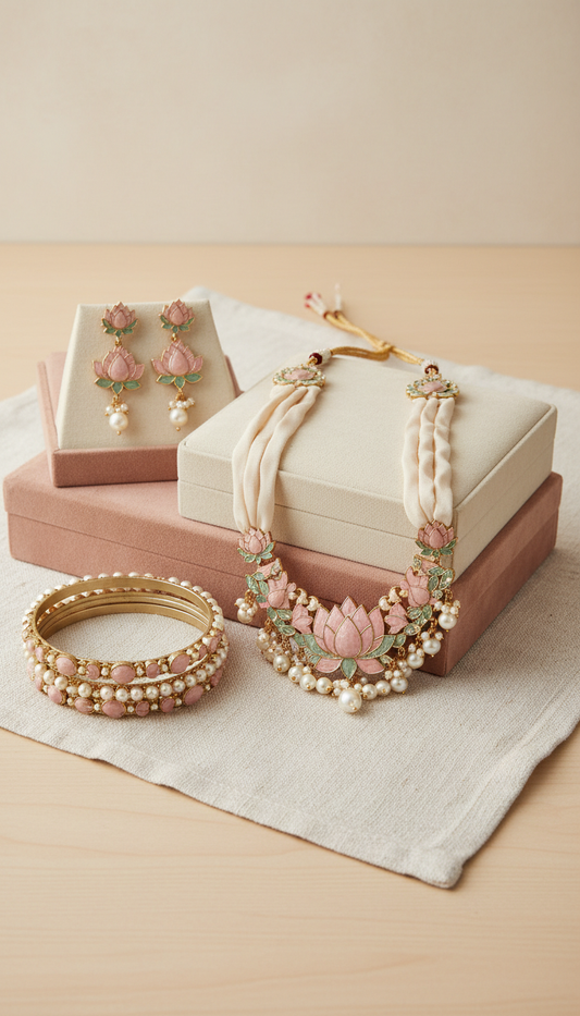 Blush Lotus Meenakari Pearl Set