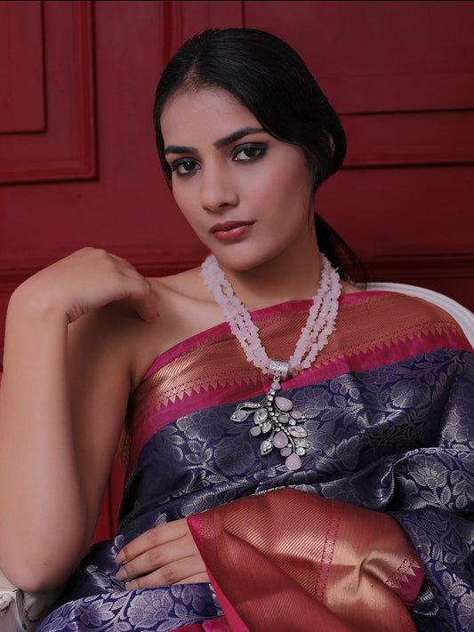 Beaded Pink Necklace with Leaf Pendant