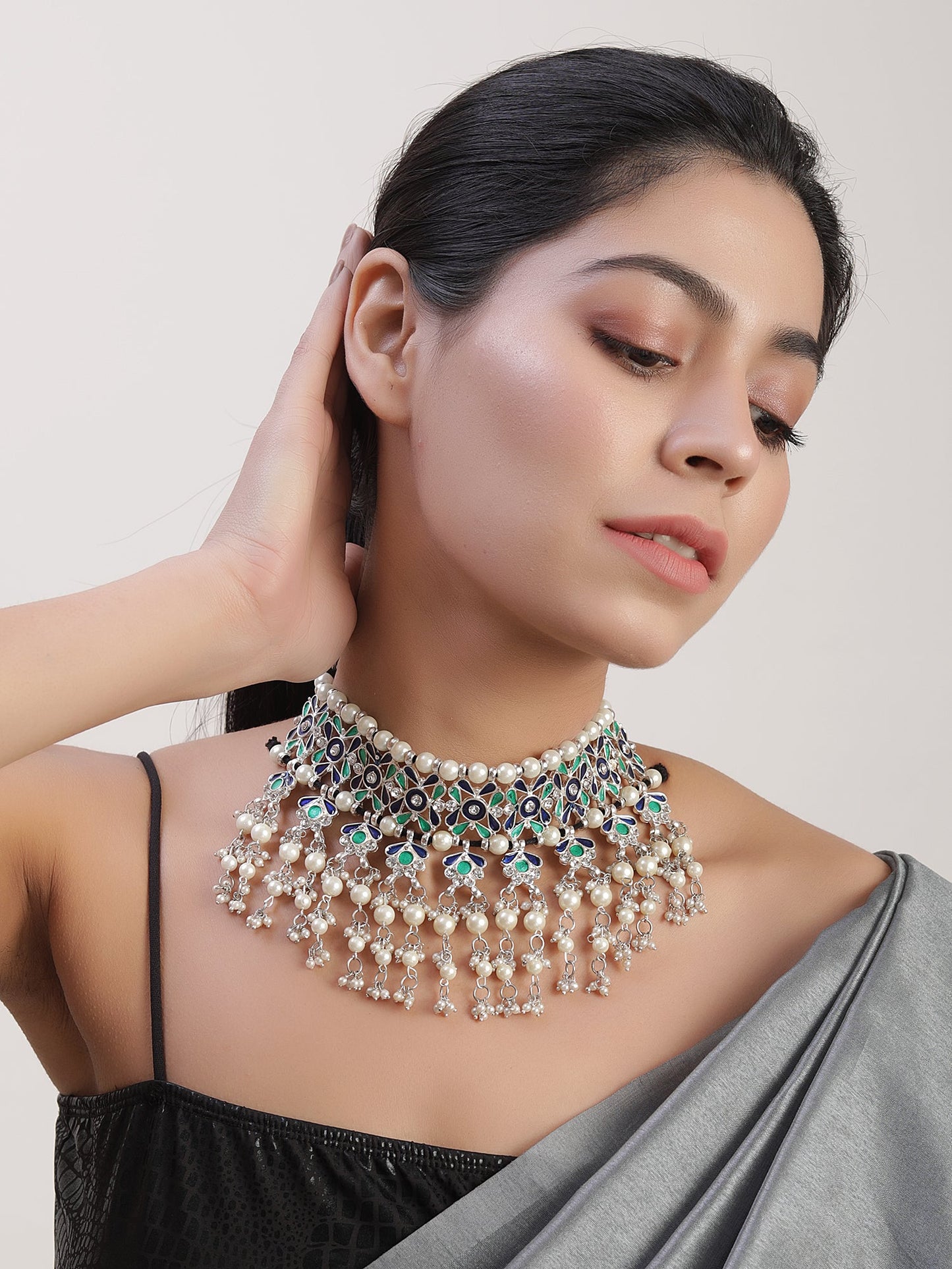 The Beady Pearly Meena Royal Necklace in Blue & Green