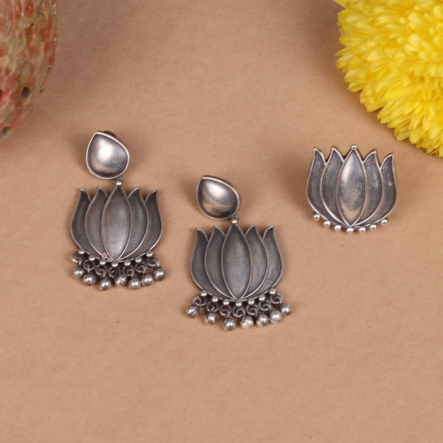 The Silver Lotus Ring and Earring Set