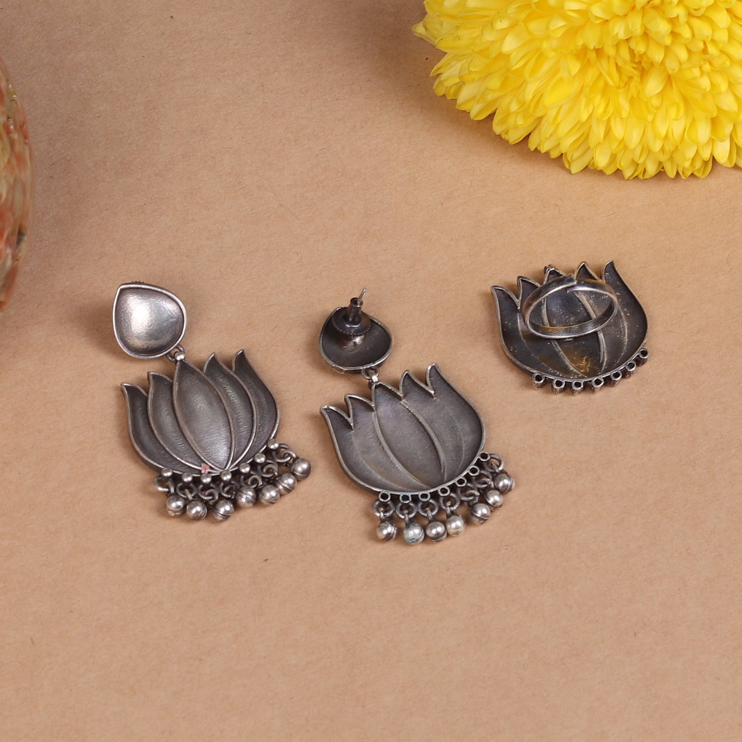 The Silver Lotus Ring and Earring Set