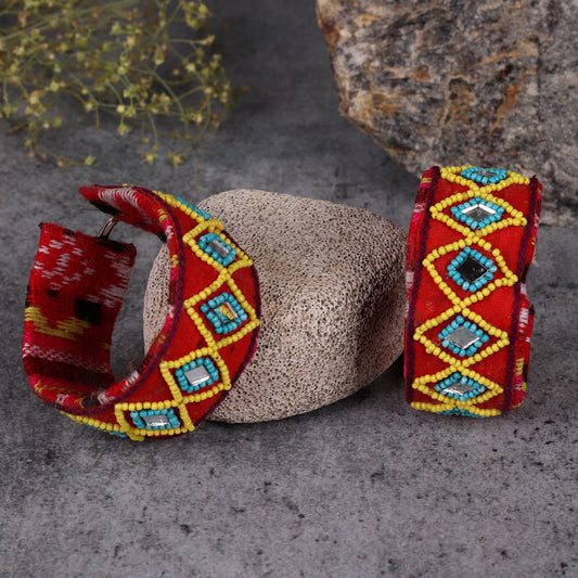 The Triple Squared Glass Beaded Earrings in Red