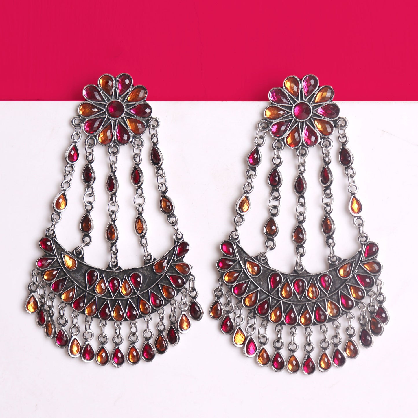 Earrings,Crescent  Rhinestone Afghani Earrings in Red and Orange - Cippele Multi Store