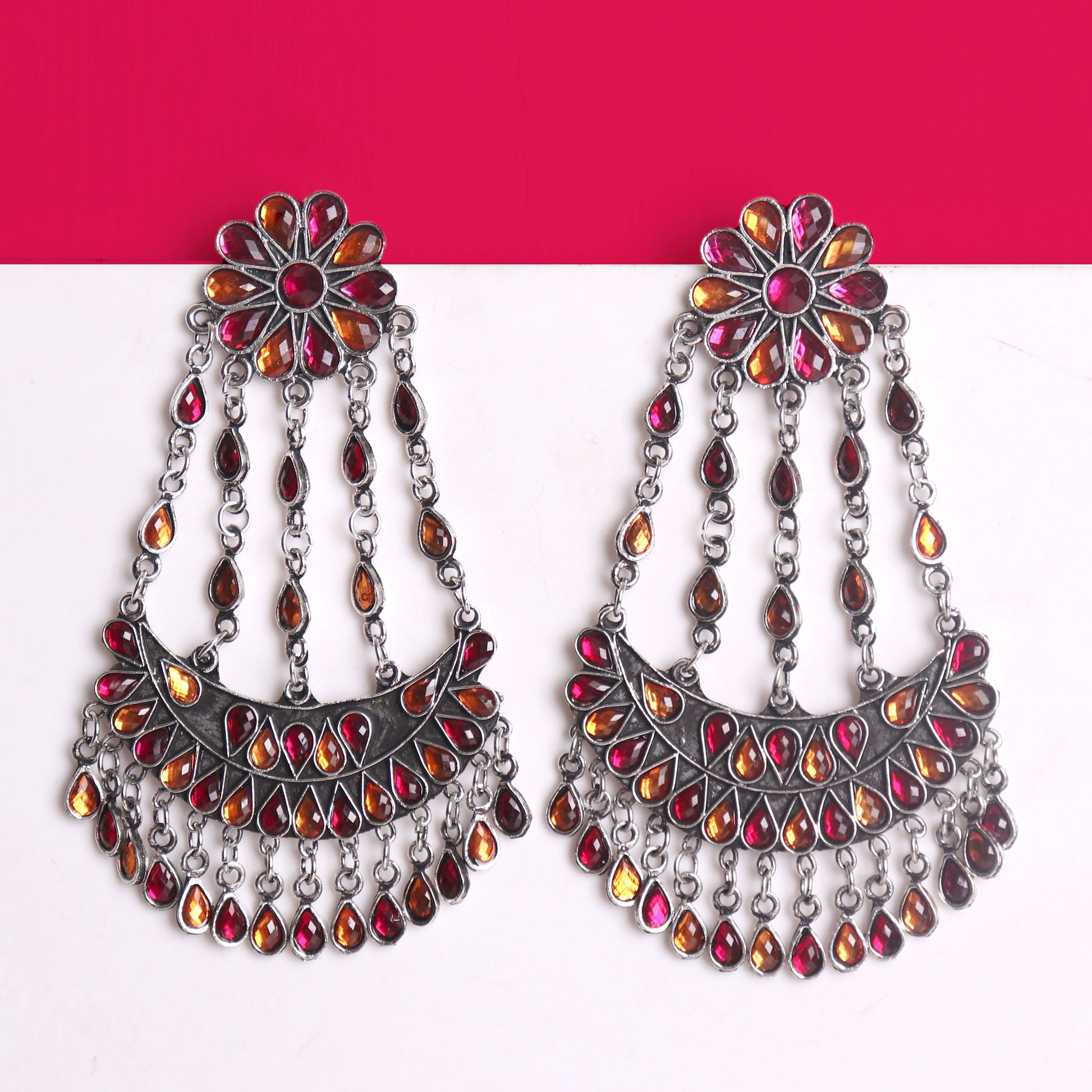 Earrings,Crescent  Rhinestone Afghani Earrings in Red and Orange - Cippele Multi Store