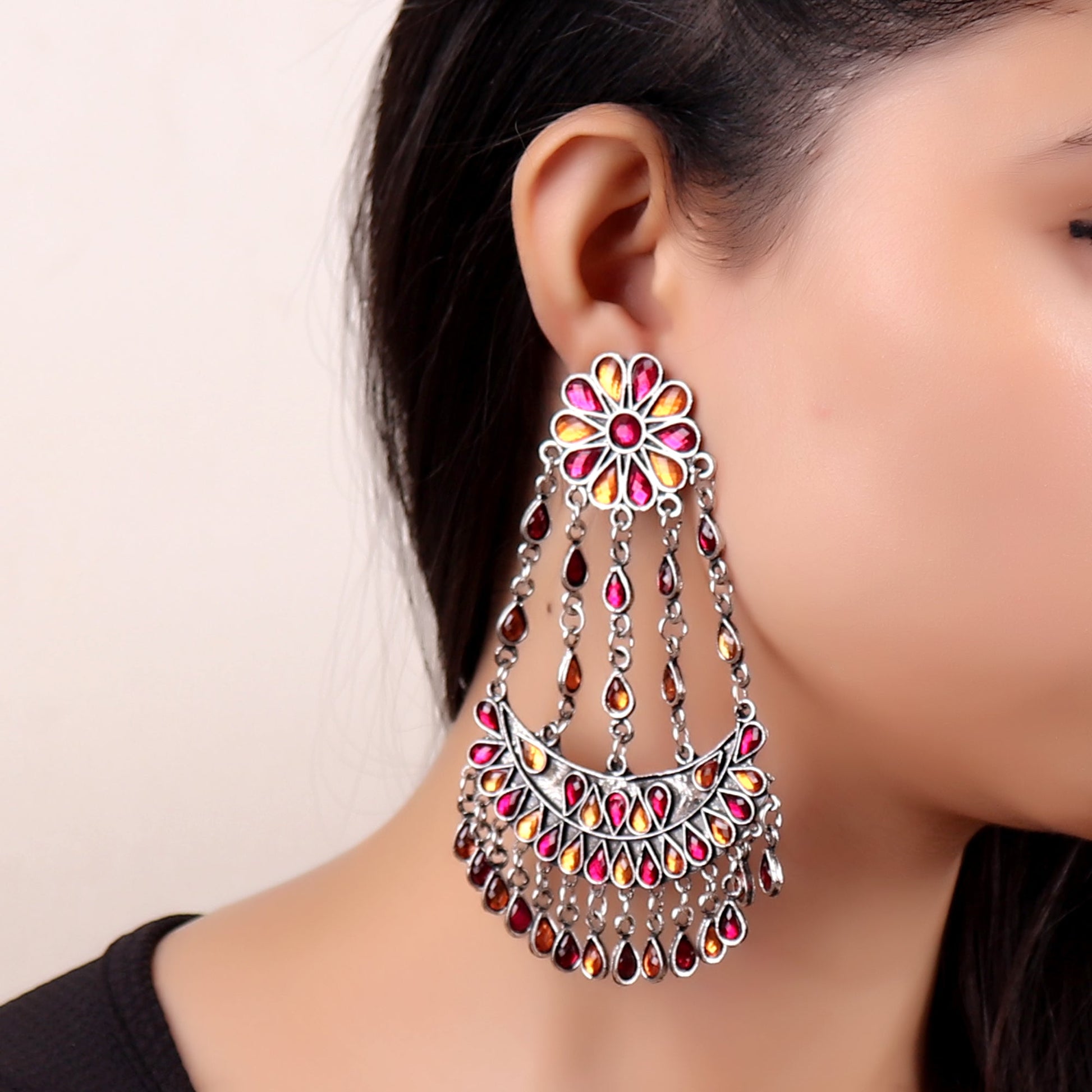 Earrings,Crescent  Rhinestone Afghani Earrings in Red and Orange - Cippele Multi Store