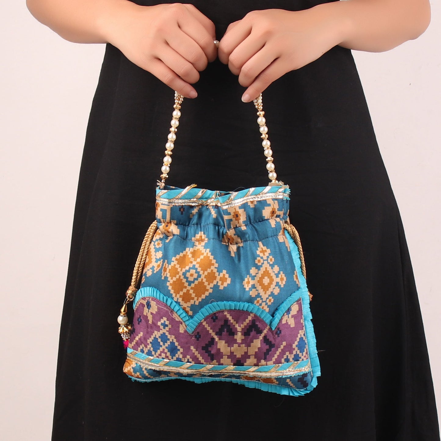 Potli,Glitter embellished Blue Ikat Print Potli - Cippele Multi Store
