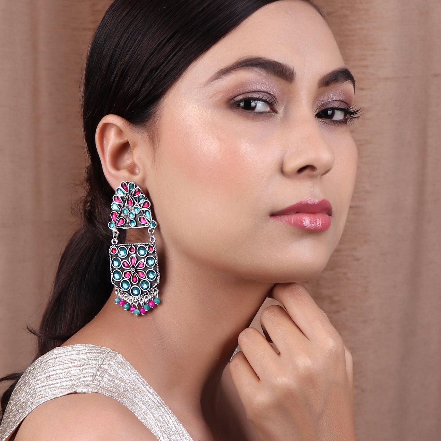 Earrings,The Flower Pearl Afghani earing in Turquoise Blue & Magenta - Cippele Multi Store