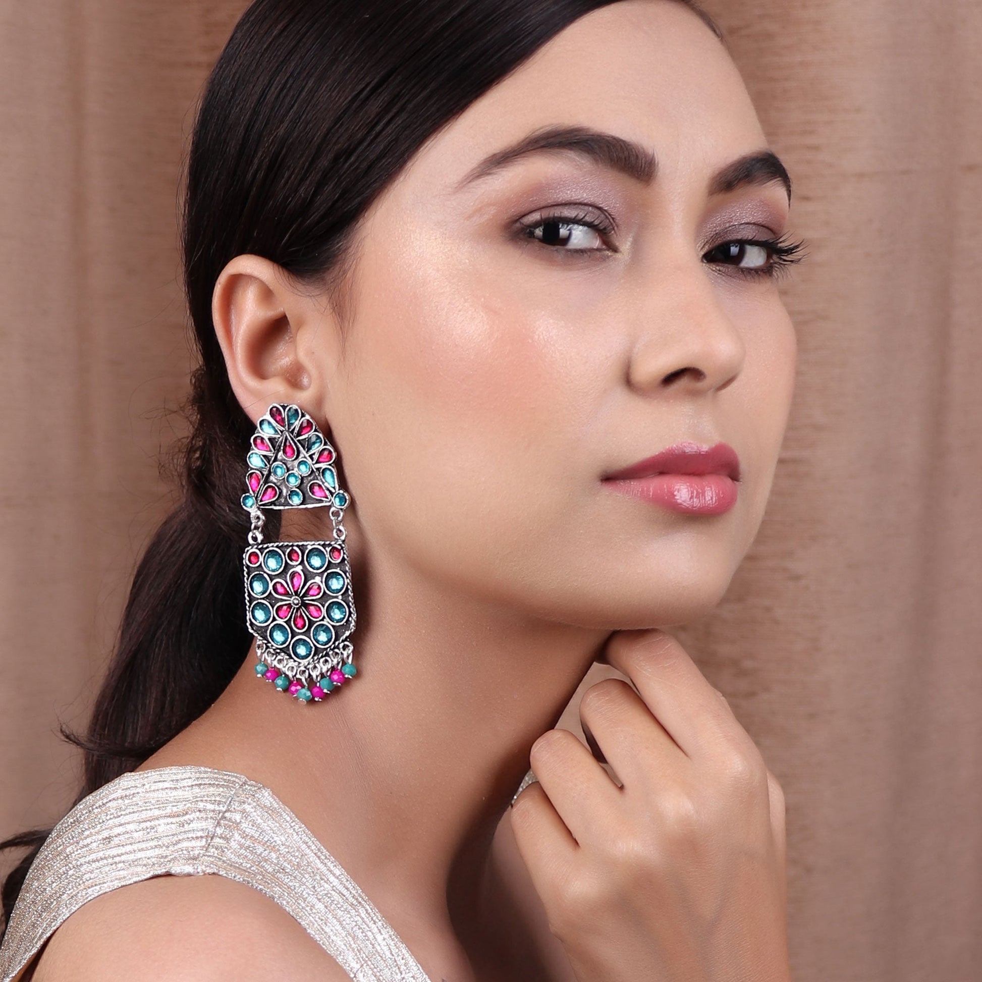 Earrings,The Flower Pearl Afghani earing in Turquoise Blue & Magenta - Cippele Multi Store