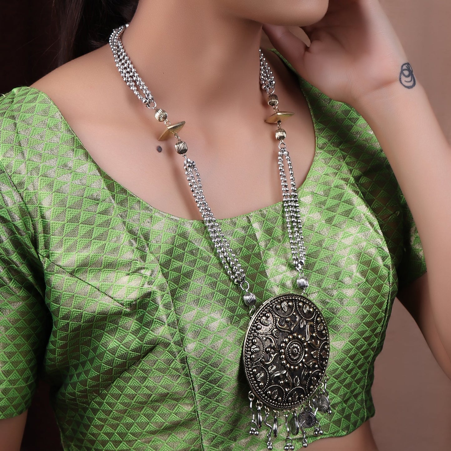 Necklace Set,Floral Punch Round Brass Pendant Set in Dual Tone - Cippele Multi Store