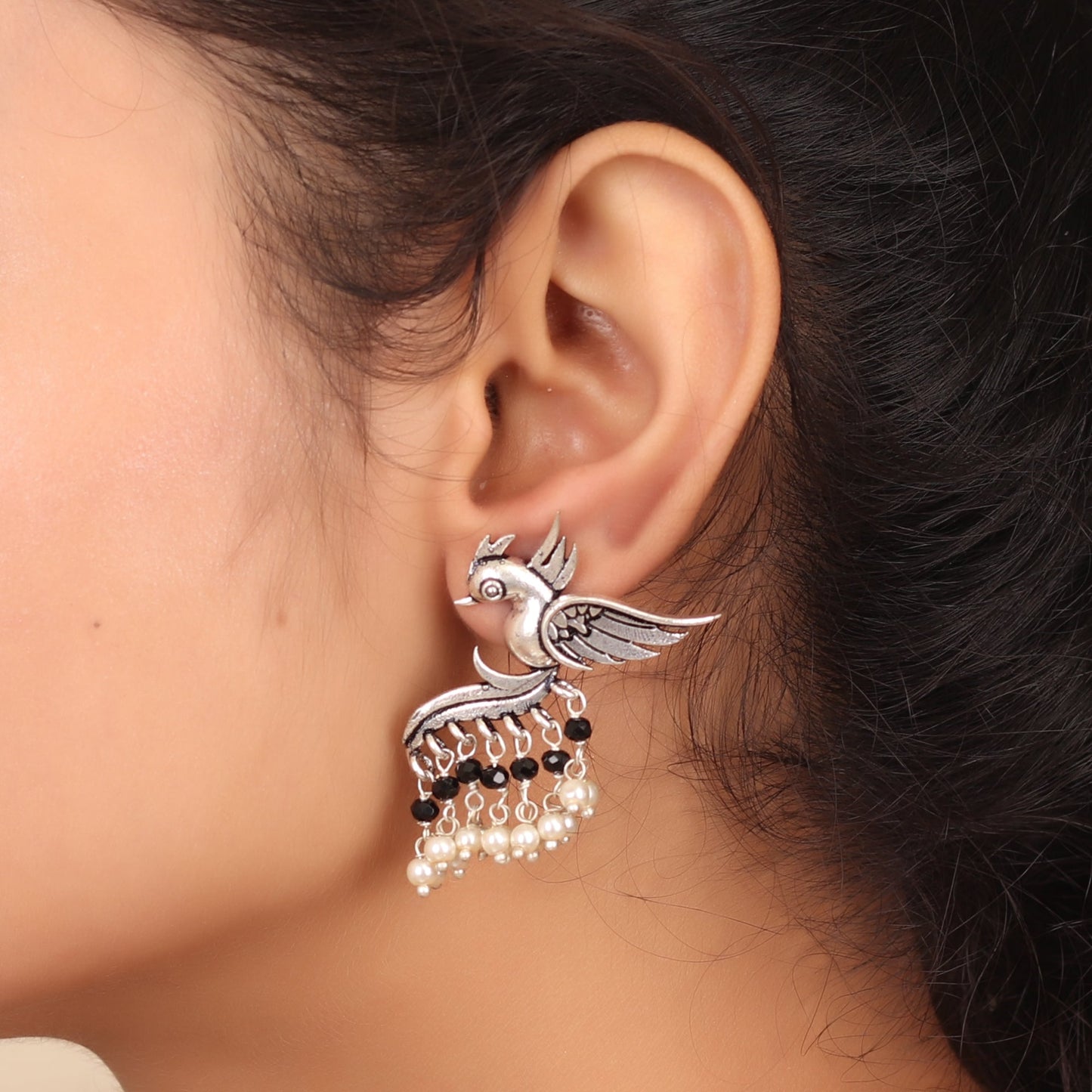 Fly with the Bird Silver Look Alike Earring with Black & White Pearls - Cippele
