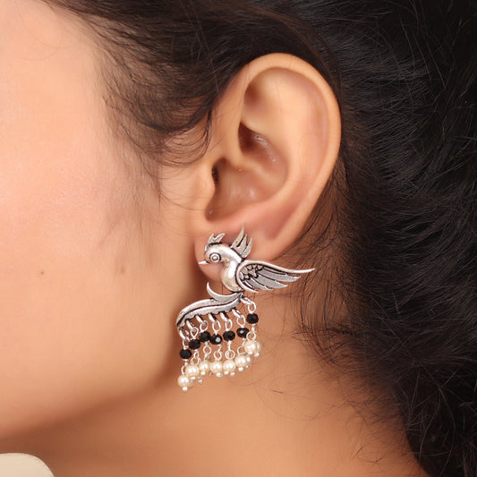 Fly with the Bird Silver Look Alike Earring with Black & White Pearls - Cippele