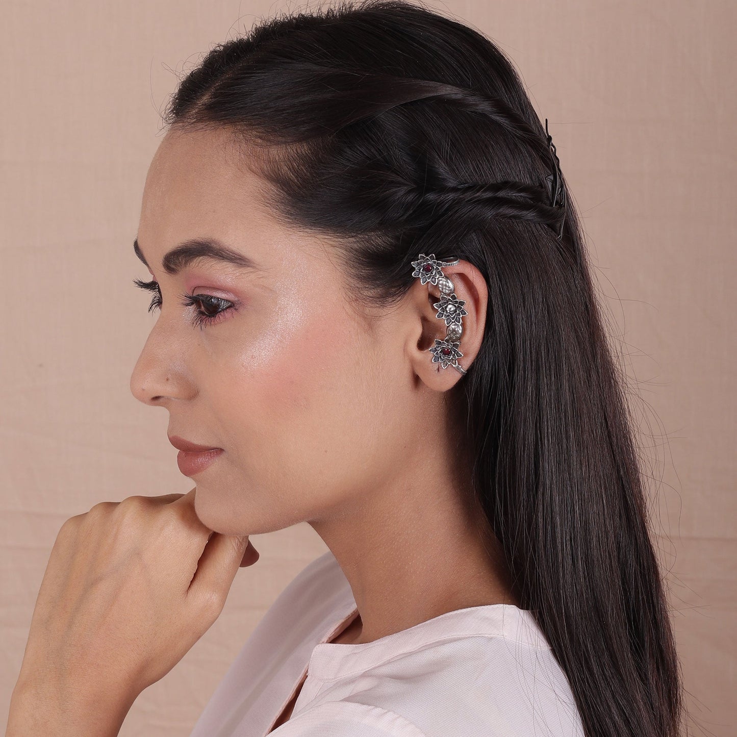 The Primal Vine Earcuff with Red & White Stone