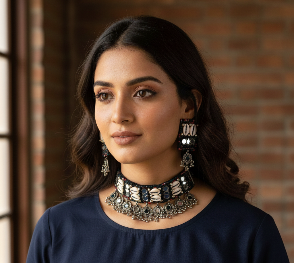 The Knobby Cowrie Choker Set in Black